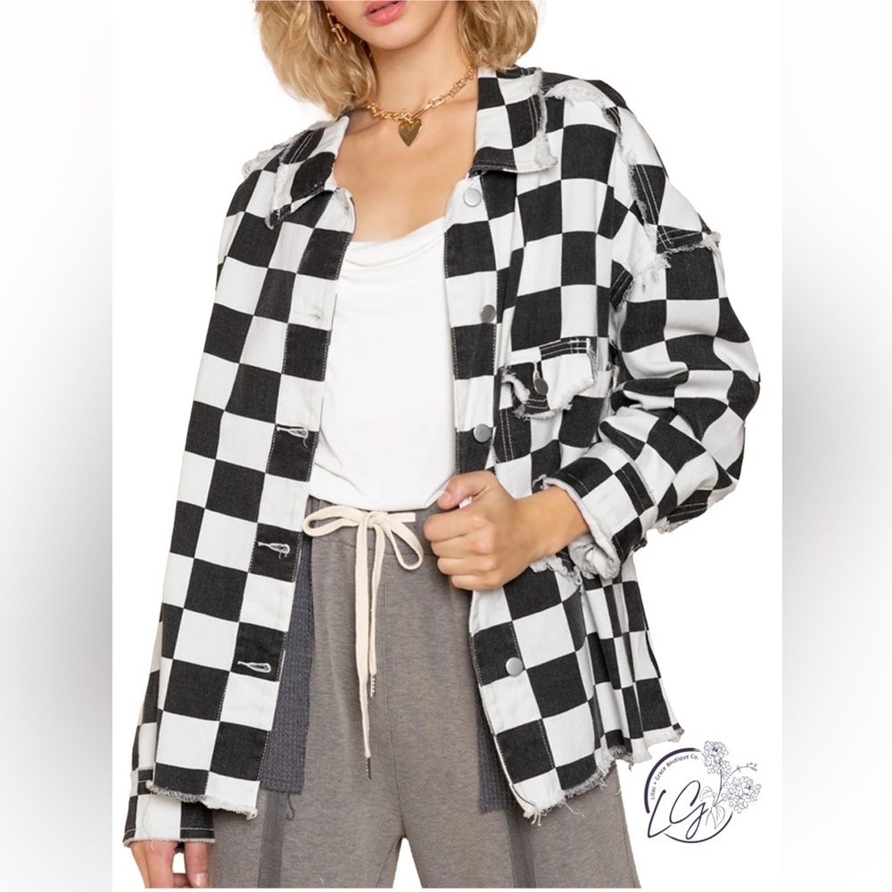 POL Relaxed Fit Black White Checkered Fringe Snap Up Jean Jacket Sz M